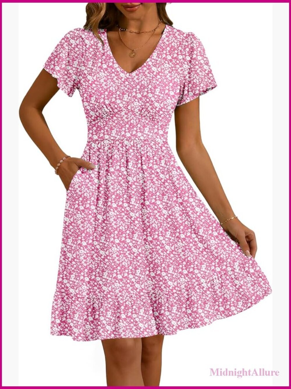 V-Neck Flutter Sleeve Floral Midi Sundress with Pockets